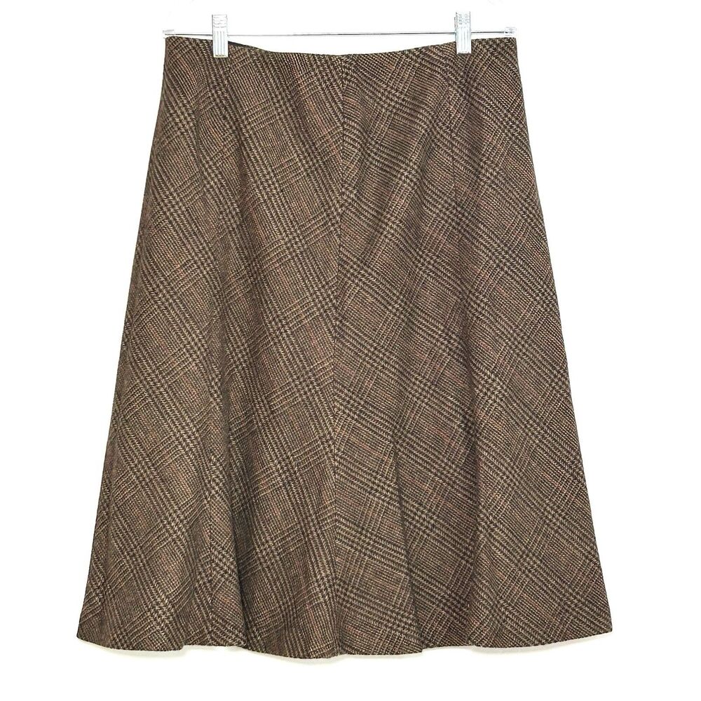 Chaps Plaid Wool A-Line Midi Skirt Brown Academia Preppy Womens 12 Lined